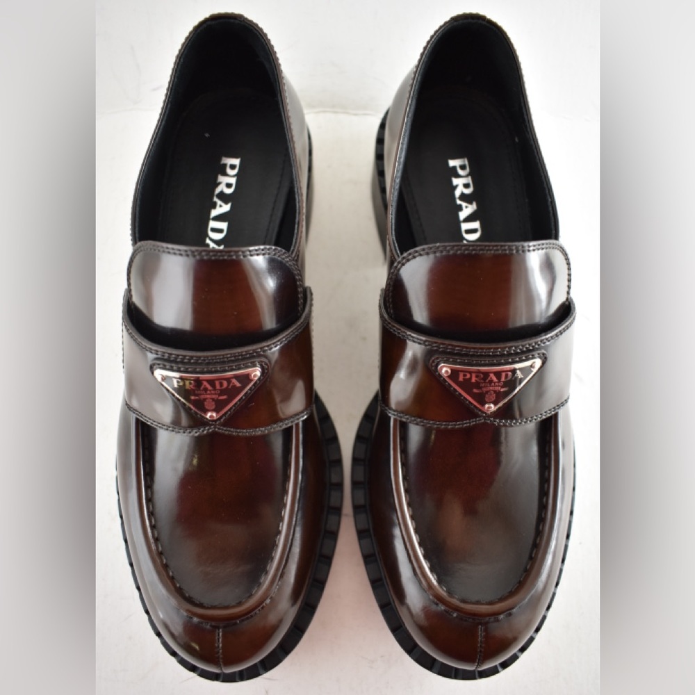 Prada Triangle Logo Fume Brown Black Platform Loafer Creeper Slip On Flat 41.5 - Picture 11 of 15